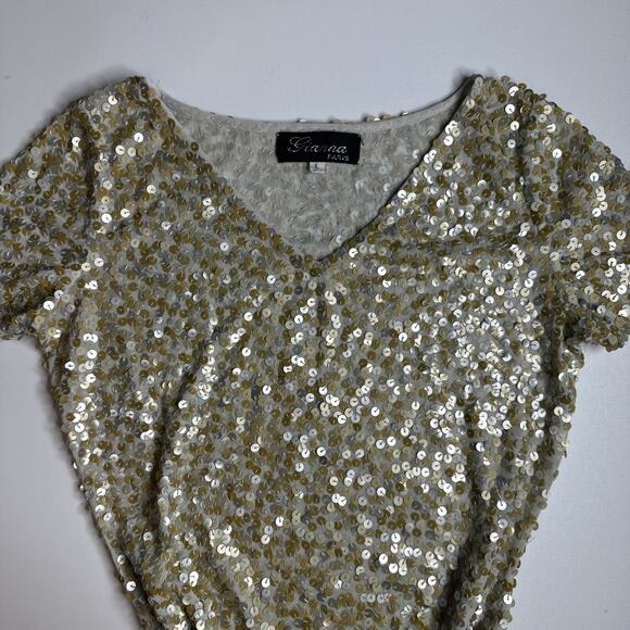 Gianna Paris Gold Silver Sequin Top V Neck M Y2K Glam Party NYE Stretchy - Picture 6 of 10